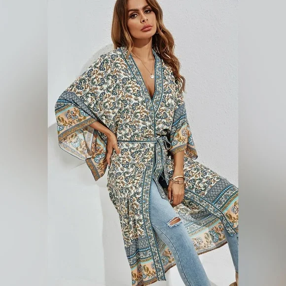 WORLD MARKET Floral Kimono with Blue and Tan Accents - Picture 11 of 17